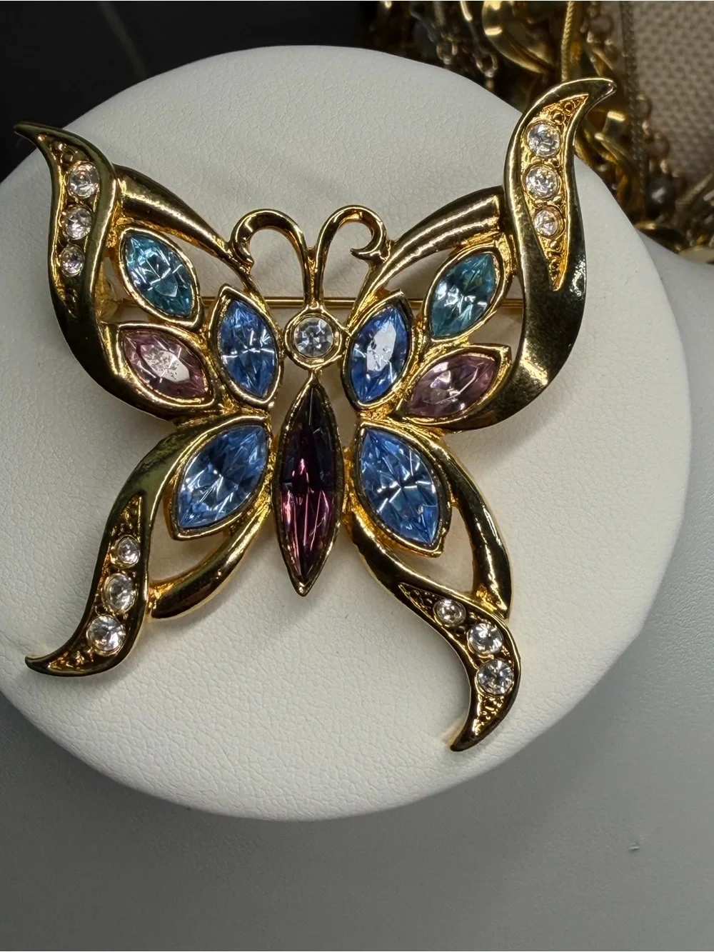 Gold-Tone Multicolor Butterfly Brooch - Blue Pink Accents